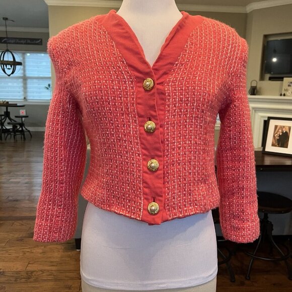 VTG Doncaster Women's Pink Tweed Wool Crop Blazer Jacket Size 14 Shrunk fits M L - Picture 9 of 14